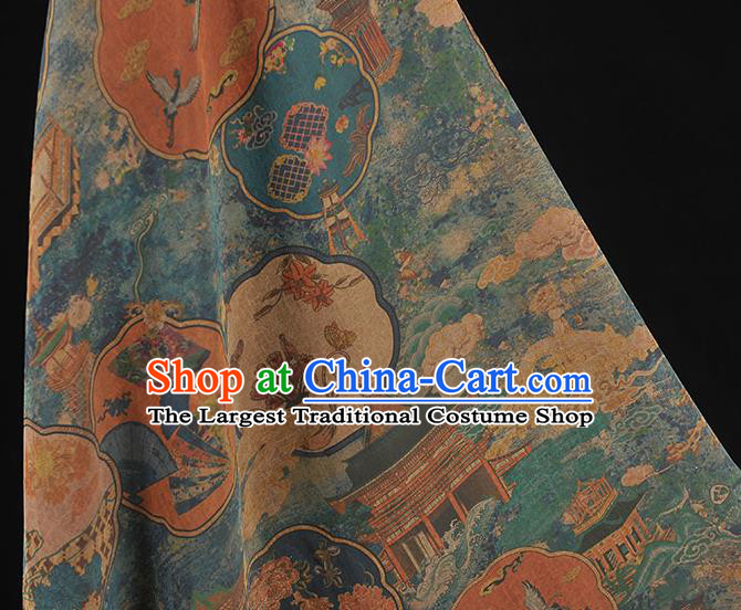 Top Grade Silk Drapery Cheongsam Fabric Chinese Traditional Palace Fan Pattern Blue Gambiered Guangdong Gauze