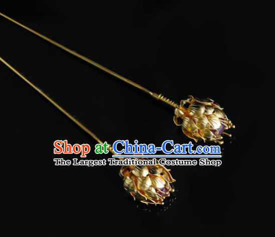 China Traditional Handmade Golden Lotus Hair Accessories Ancient Empress Hair Clip Ming Dynasty Palace Hairpin for Women