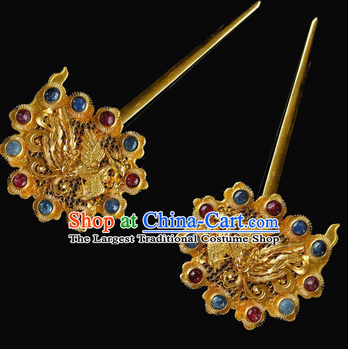 China Traditional Hanfu Hair Accessories Handmade Ancient Empress Hair Sticks Ming Dynasty Palace Golden Gems Hairpin for Women