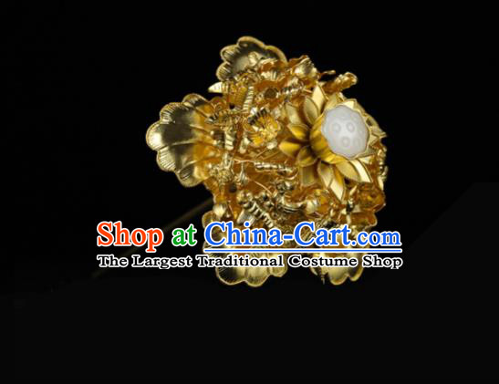 China Traditional Jade Lotus Seedpod Hair Accessories Handmade Ancient Empress Hairpin Ming Dynasty Golden Peony Hair Stick for Women