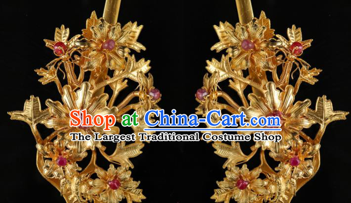 China Traditional Handmade Golden Hair Accessories Ancient Empress Gems Hair Clip Ming Dynasty Palace Garnet Hairpin for Women