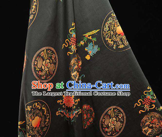 Top Grade Chinese Traditional Dragon Peach Pattern Black Silk Drapery Cheongsam Satin Fabric Gambiered Guangdong Gauze