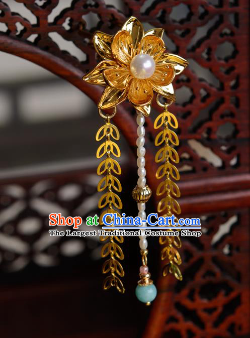 China Hanfu Pearls Tassel Hair Stick Traditional Ancient Princess Hair Accessories Qing Dynasty Golden Lotus Hairpin