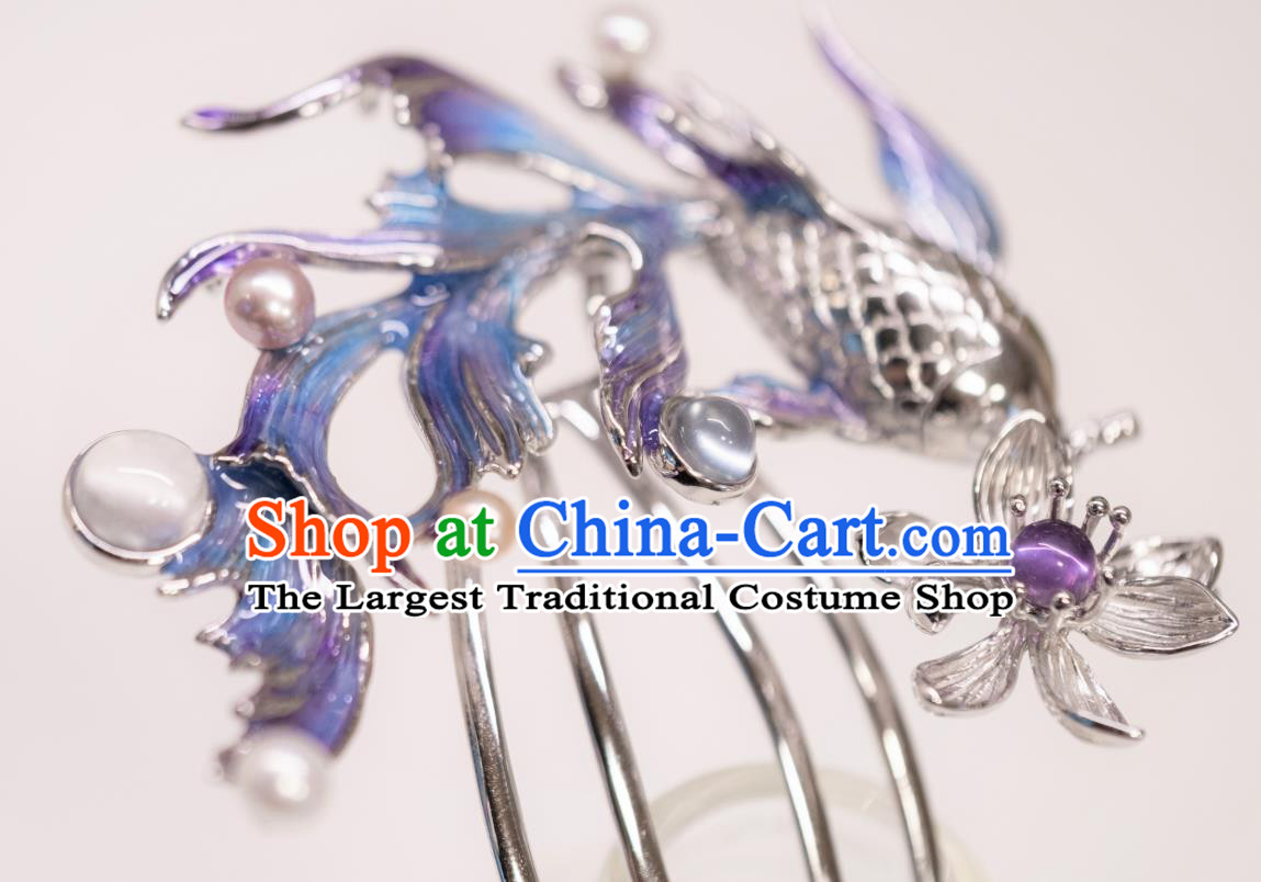 China Traditional Argent Lotus Fish Hair Comb Ancient Imperial Concubine Hairpin Qing Dynasty Court Hair Accessories