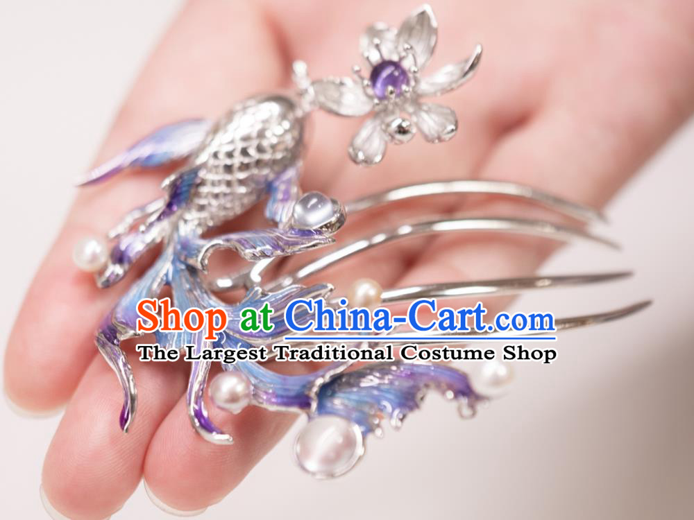 China Traditional Argent Lotus Fish Hair Comb Ancient Imperial Concubine Hairpin Qing Dynasty Court Hair Accessories