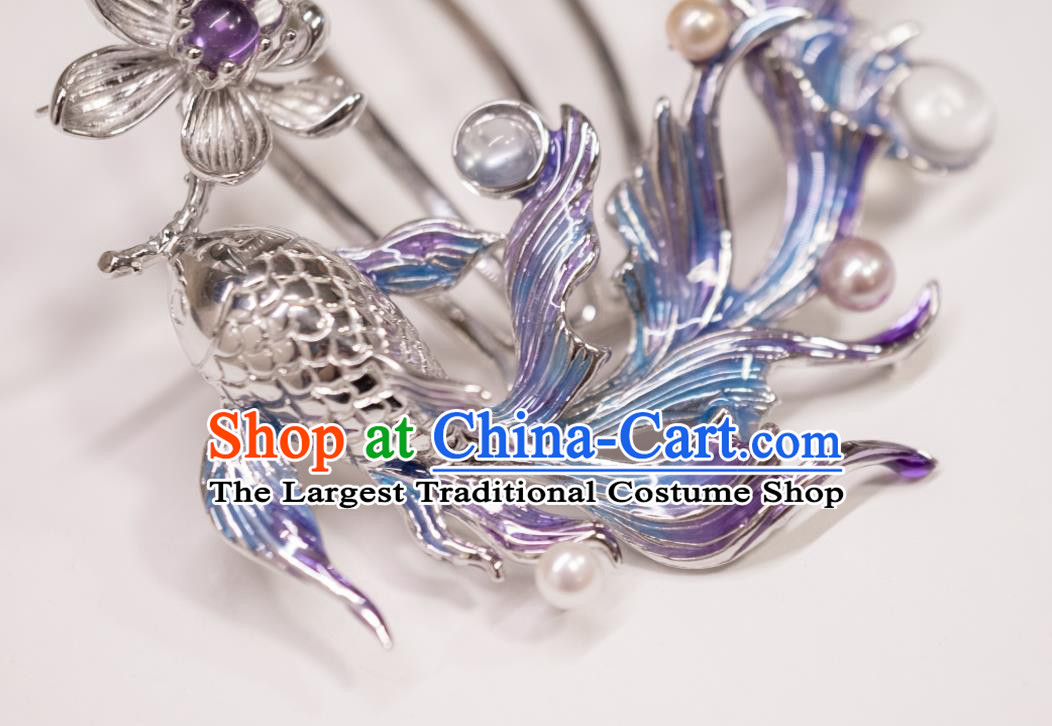 China Traditional Argent Lotus Fish Hair Comb Ancient Imperial Concubine Hairpin Qing Dynasty Court Hair Accessories