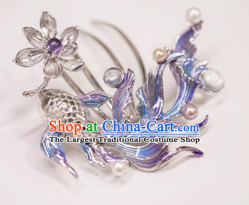 China Traditional Argent Lotus Fish Hair Comb Ancient Imperial Concubine Hairpin Qing Dynasty Court Hair Accessories