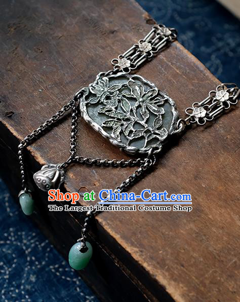 China Handmade National Silver Jewelry Accessories Traditional Jade Carving Lotus Necklace Pendant