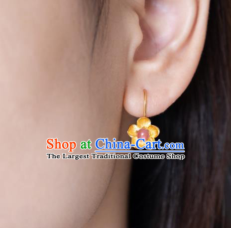 China Traditional Ming Dynasty Gilding Peach Blossom Earrings Ancient Court Lady Tourmaline Ear Jewelry