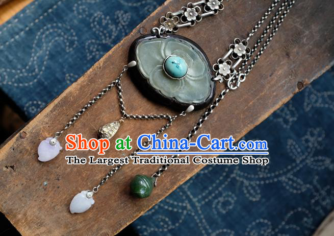 Handmade China Traditional Jade Carving Lotus Necklace Pendant National Silver Jewelry Accessories