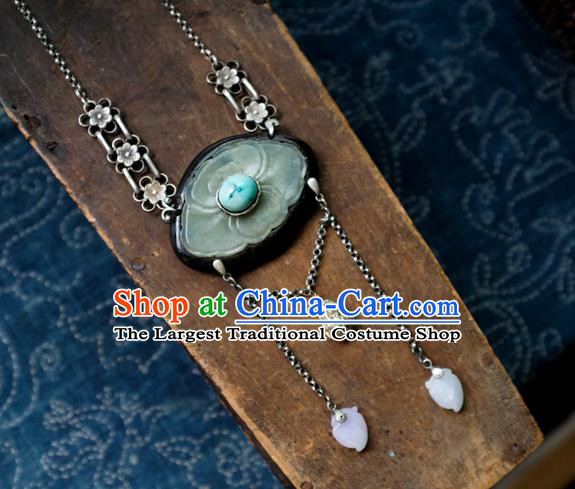 Handmade China Traditional Jade Carving Lotus Necklace Pendant National Silver Jewelry Accessories