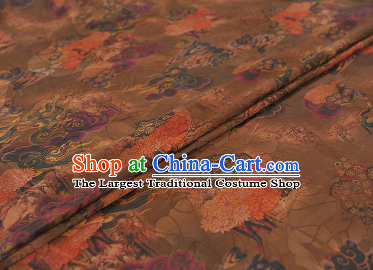 Top Chinese Cheongsam Fabric Brown Gambiered Guangdong Gauze Traditional Flowers Pattern Silk Drapery