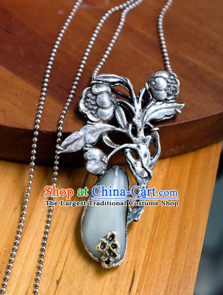 Handmade China Traditional White Jade Necklace Accessories National Silver Carving Flowers Jewelry Pendant