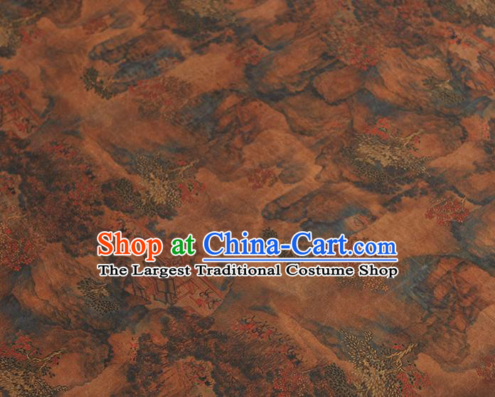 Top Silk Fabric Chinese Cheongsam Gambiered Guangdong Gauze Traditional Pavilion Pattern Brown Silk Drapery