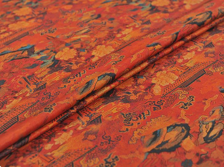 Top Red Satin Fabric Chinese Traditional Court Begonia Pattern Silk Drapery Cheongsam Gambiered Guangdong Gauze
