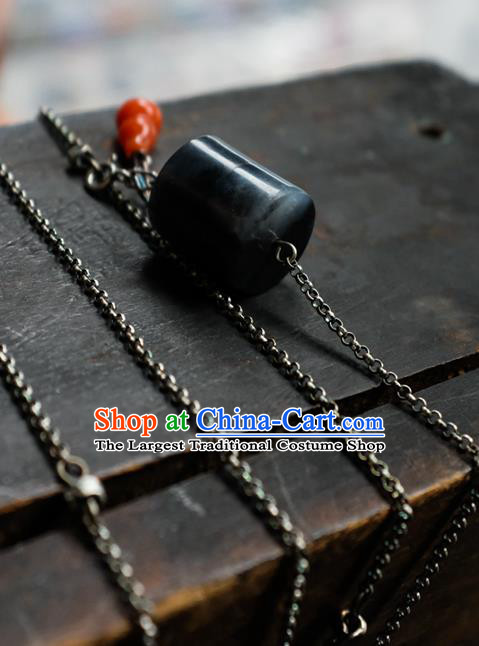 Handmade China Traditional Black Jade Necklace Pendant National Women Silver Jewelry Red Agate Gourd Accessories