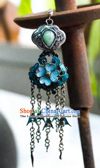 China Traditional Jade Jewelry Handmade Silver Tassel Ear Accessories National Blueing Flowers Earrings