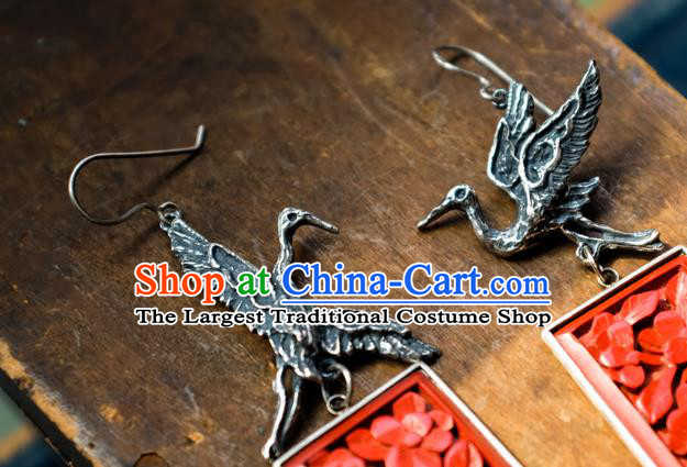 China Traditional Vermilion Seal Jewelry Handmade Silver Carving Crane Ear Accessories National Earrings