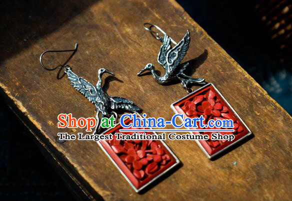 China Traditional Vermilion Seal Jewelry Handmade Silver Carving Crane Ear Accessories National Earrings