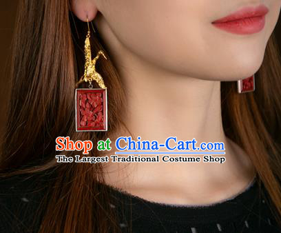 China Handmade Golden Crane Ear Accessories National Earrings Traditional Vermilion Seal Jewelry