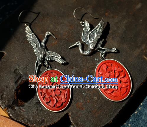 China Handmade Carved Lacquerware Ear Accessories National Earrings Traditional Silver Crane Jewelry