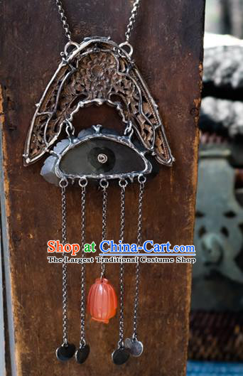 Handmade China Agate Tassel Accessories National Women Jewelry Traditional Silver Carving Necklace Pendant