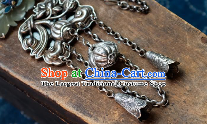 Handmade China Jade Lotus Accessories Traditional Silver Carving Necklace Pendant National Women Jewelry