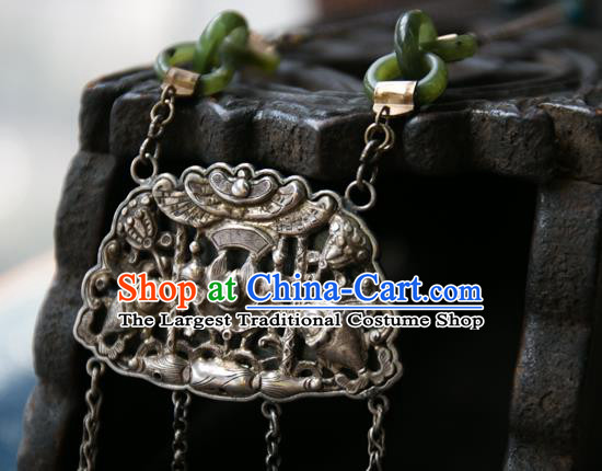 Handmade China Silver Carving Bat Accessories Traditional Necklace Pendant National Women Jade Ring Jewelry