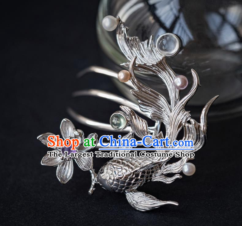 China Ancient Hanfu Argent Fish Lotus Hair Comb Traditional Ming Dynasty Empress Hairpin Court Hair Accessories