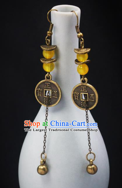 Handmade Chinese National Bells Tassel Ear Accessories Traditional Copper Cash Earrings