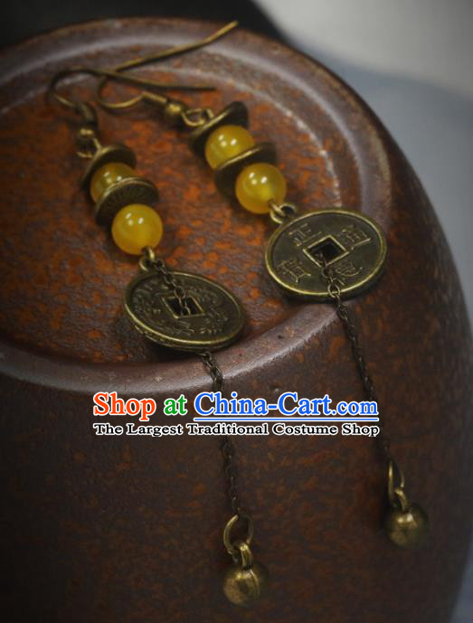 Handmade Chinese National Bells Tassel Ear Accessories Traditional Copper Cash Earrings