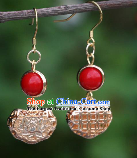 Handmade Chinese National Longevity Lock Ear Accessories Traditional Hollow Golden Earrings