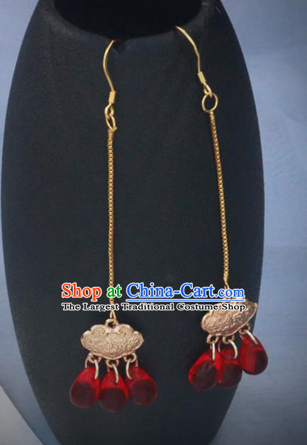 Handmade Chinese National Long Ear Accessories Traditional Golden Longevity Lock Earrings