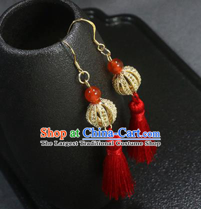 Handmade Chinese Hanfu Red Tassel Earrings Traditional National Wedding Golden Lantern Ear Accessories