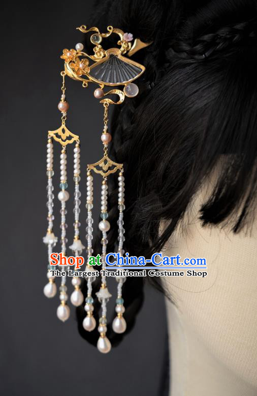 China Ancient Court Crystal Fan Hair Accessories Traditional Ming Dynasty Princess Pearls Tassel Hairpin Hanfu Step Shake