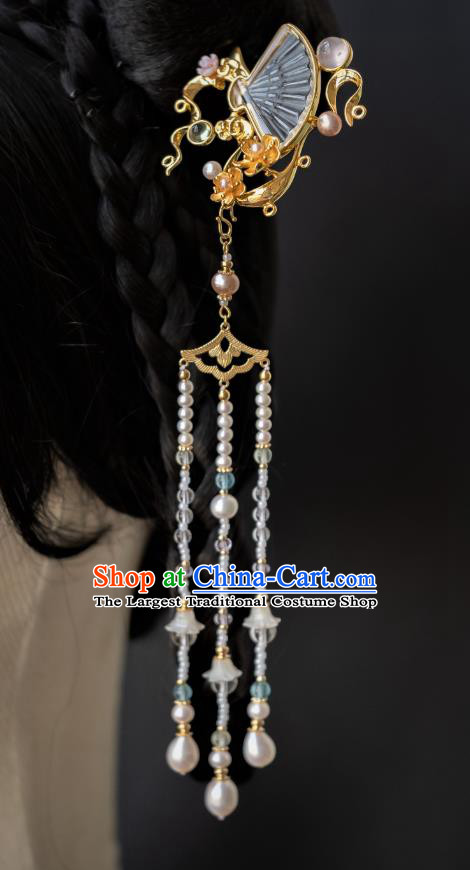 China Traditional Ming Dynasty Princess Pearls Tassel Hairpin Hanfu Step Shake Ancient Court Crystal Fan Hair Accessories