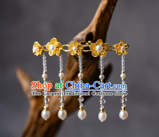 China Ancient Court Lady Tassel Hair Stick Peach Blossom Hairpin Traditional Ming Dynasty Hanfu Pearls Hair Accessories
