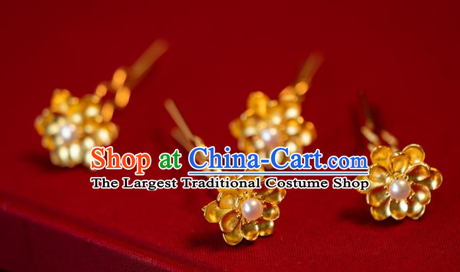 China Tang Dynasty Hanfu Little Hair Clips Ancient Princess Pearl Hairpin Traditional Gilding Lotus Hair Accessories