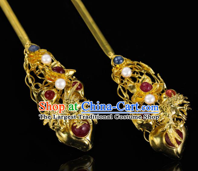 China Traditional Gems Hair Accessories Handmade Ming Dynasty Hanfu Hair Stick Ancient Empress Golden Plum Hairpin for Women
