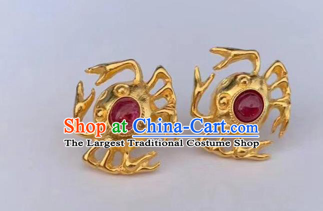 Handmade Chinese Traditional Ming Dynasty Gems Ear Accessories Jewelry Ancient Court Empress Golden Crab Earrings