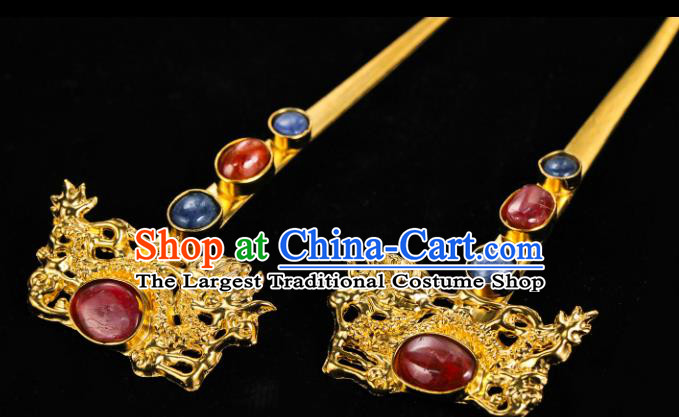 China Traditional Golden Dragon Hair Accessories Handmade Ming Dynasty Palace Gems Hair Clips Ancient Queen Hairpin for Women