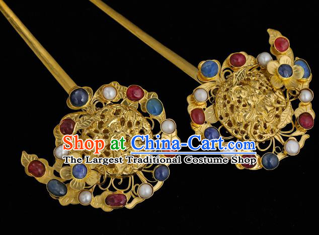 China Traditional Hair Accessories Handmade Ming Dynasty Court Hair Clips Ancient Queen Gems Golden Hairpin for Women