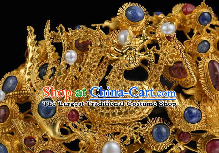 China Traditional Court Hair Accessories Handmade Ming Dynasty Gems Hair Crown Ancient Empress Golden Dragon Hairpin for Women