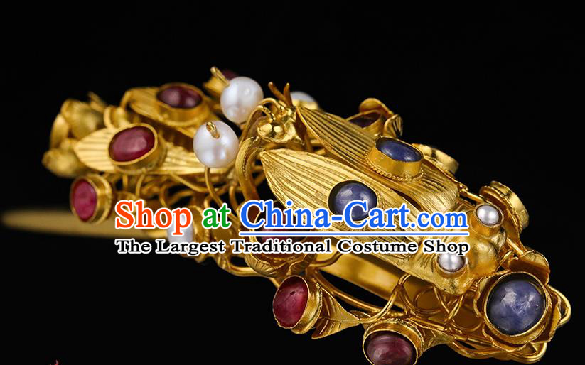 China Traditional Handmade Hair Accessories Ming Dynasty Gems Hair Stick Ancient Queen Golden Cicada Hairpin for Women