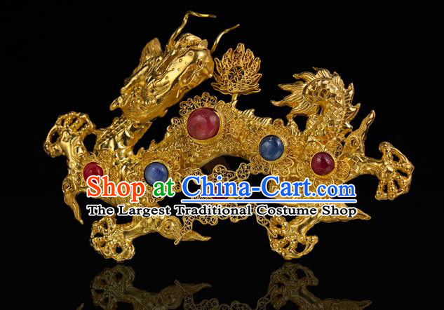 China Traditional Handmade Filigree Hair Accessories Ming Dynasty Golden Dragon Hair Crown Ancient Queen Gems Hairpin for Women