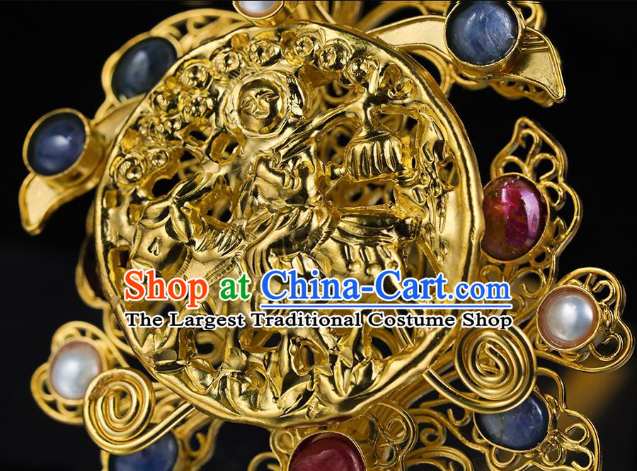 China Traditional Ming Dynasty Golden Hair Crown Ancient Queen Gems Hairpin Handmade Filigree Hair Accessories for Women
