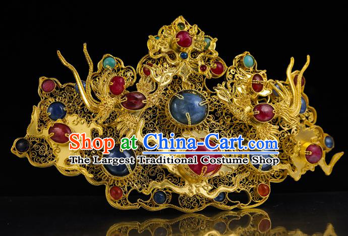 China Traditional Ming Dynasty Golden Cloud Hair Crown Handmade Filigree Hair Accessories Ancient Queen Gems Hairpin for Women