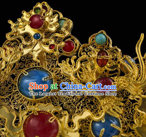 China Traditional Ming Dynasty Golden Cloud Hair Crown Handmade Filigree Hair Accessories Ancient Queen Gems Hairpin for Women