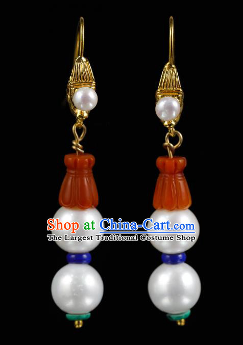 Handmade Chinese Traditional Qing Dynasty Pearls Ear Accessories Jewelry Ancient Court Woman Gourd Earrings