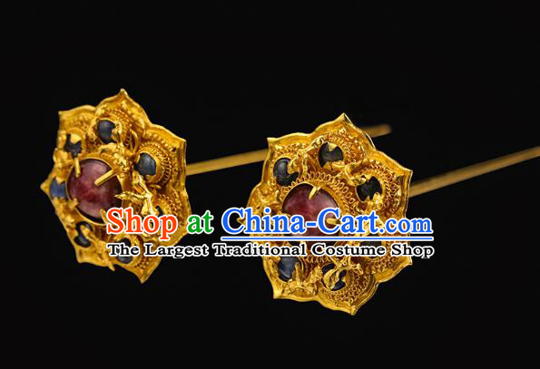 China Traditional Ming Dynasty Filigree Hair Crown Handmade Hair Accessories Ancient Queen Golden Gems Hairpin for Women